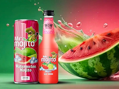 Mr. Mojito watermelon mojito in can and bottle, accompanied by a fresh, splashing watermelon backdrop for a refreshing summer feel.